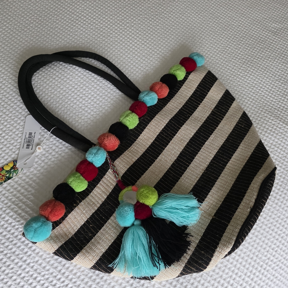 NEW Colorful Pom-Pom Striped Tote Bag